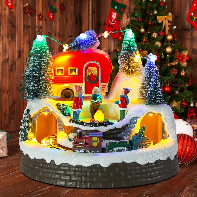 CHONSUN Christmas Village House Musical Christmas Collectible Buildings Camper Bonfire Train Rotation with LED Lights Vacation Village with USB Indoor Figurines Indoor Tabletop Decoration Xmas Decor - Image 5